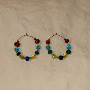 Vintage Artisan Rainbow Glass Beaded Hoop Earrings Bohemian Colorful Multi